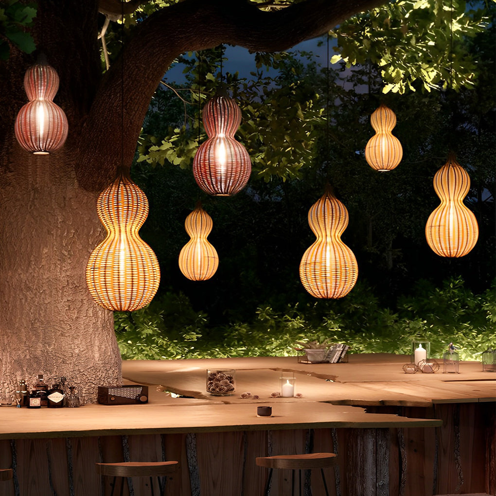 Woven Rattan Pendant Light With Gourd Silhouette, Outdoor Fixture