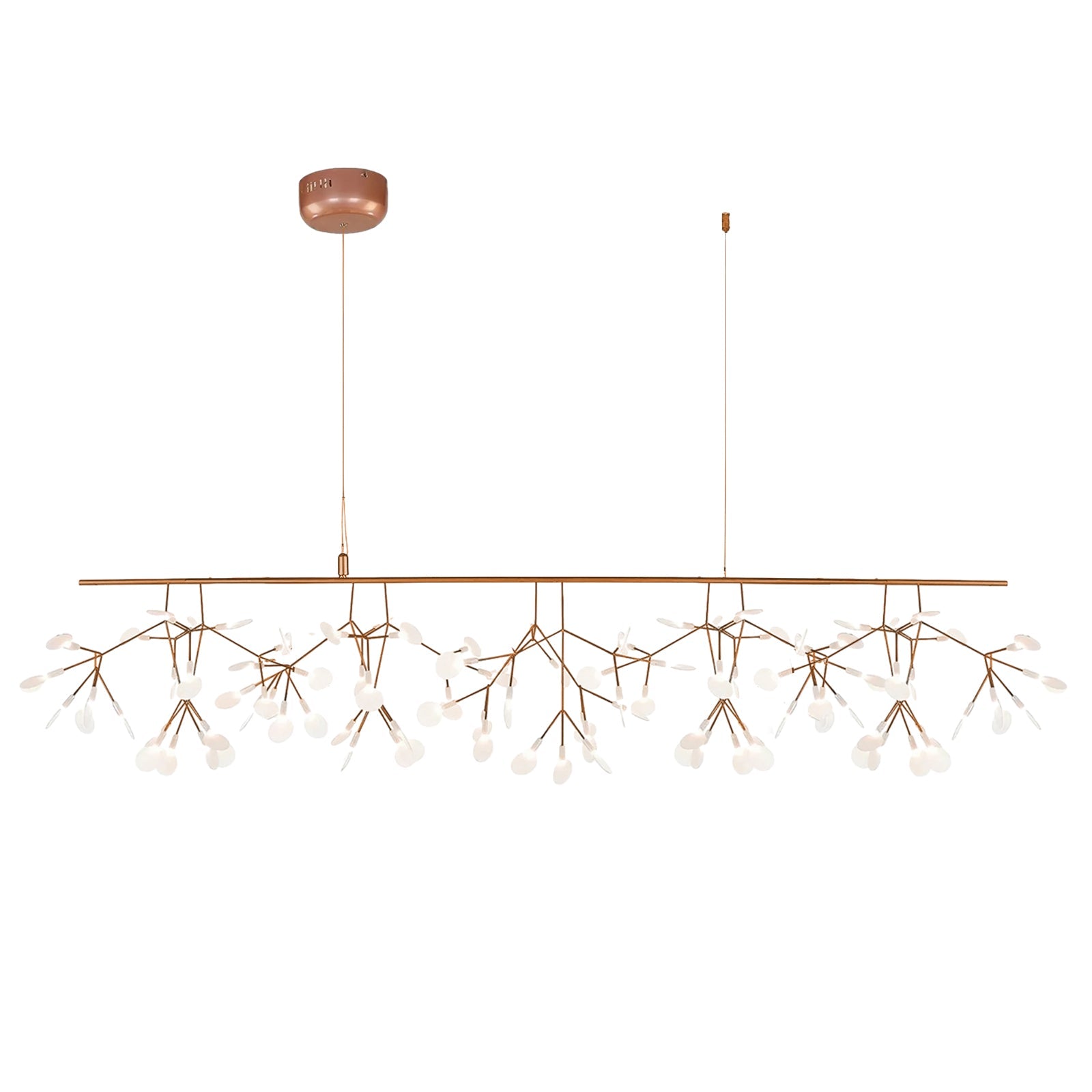 Firefly LED chandelier with scattered glowing white leaves