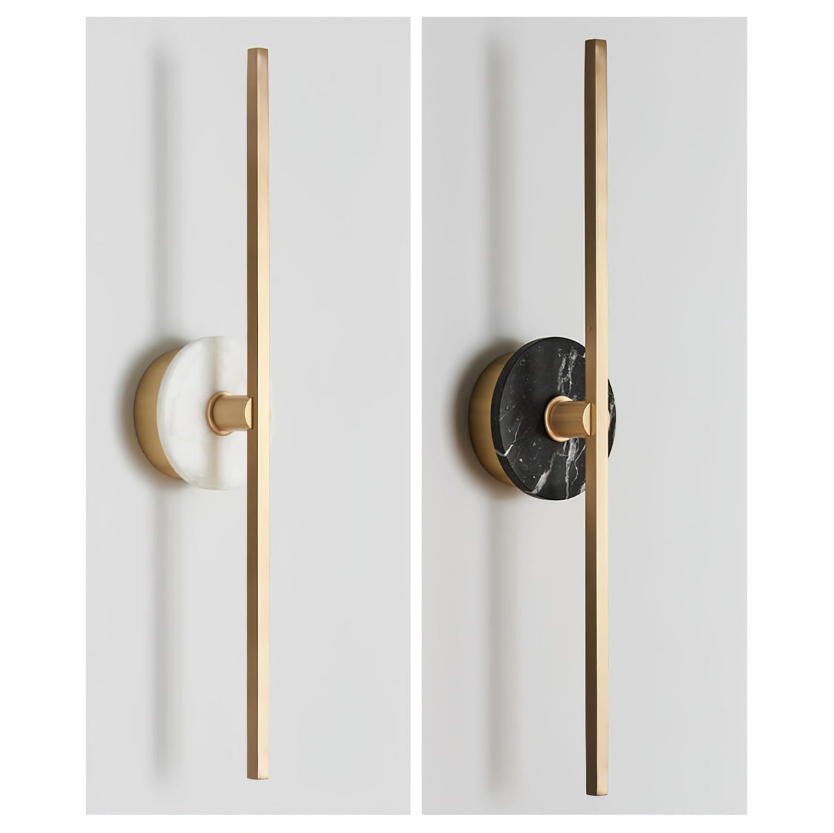 Two Clérachic wall sconce finishes compared side by side on grey: pale alabaster and dark marbled stone discs.