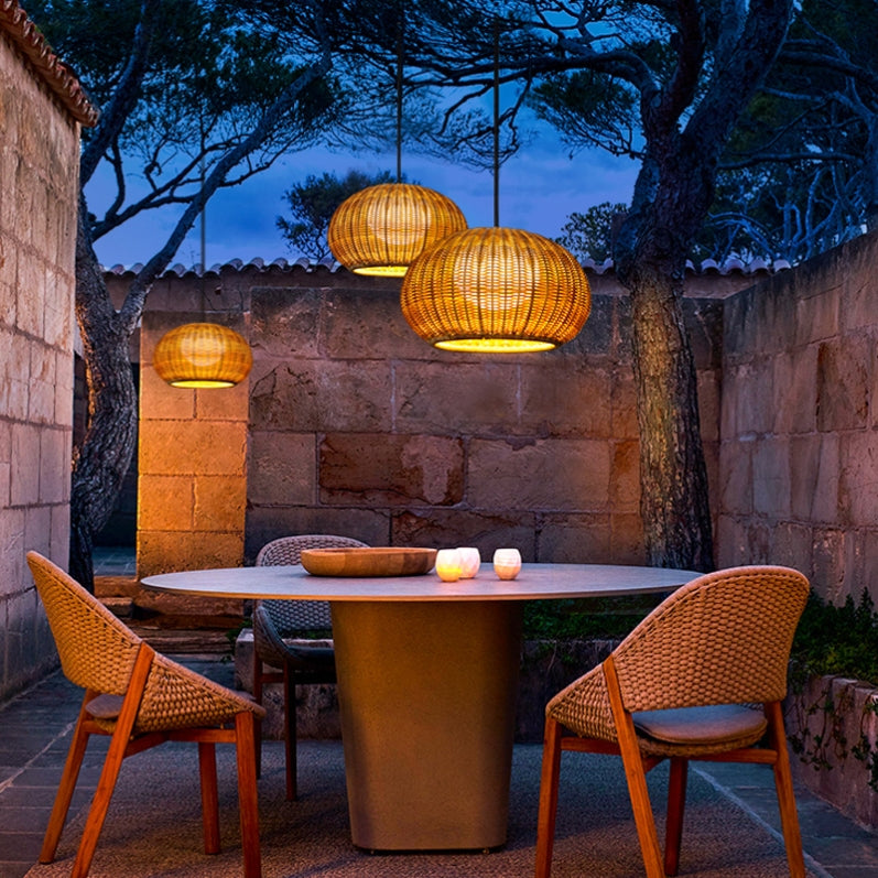 Woven Rattan Wall Lamp For Outdoor Spaces With Lantern-Style Shade