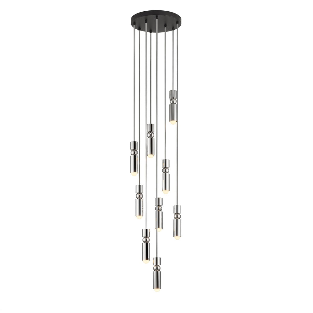 Cylinder cluster pendant light with nine slimline heads glowing