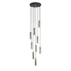 Cylinder cluster pendant light with nine slimline heads glowing