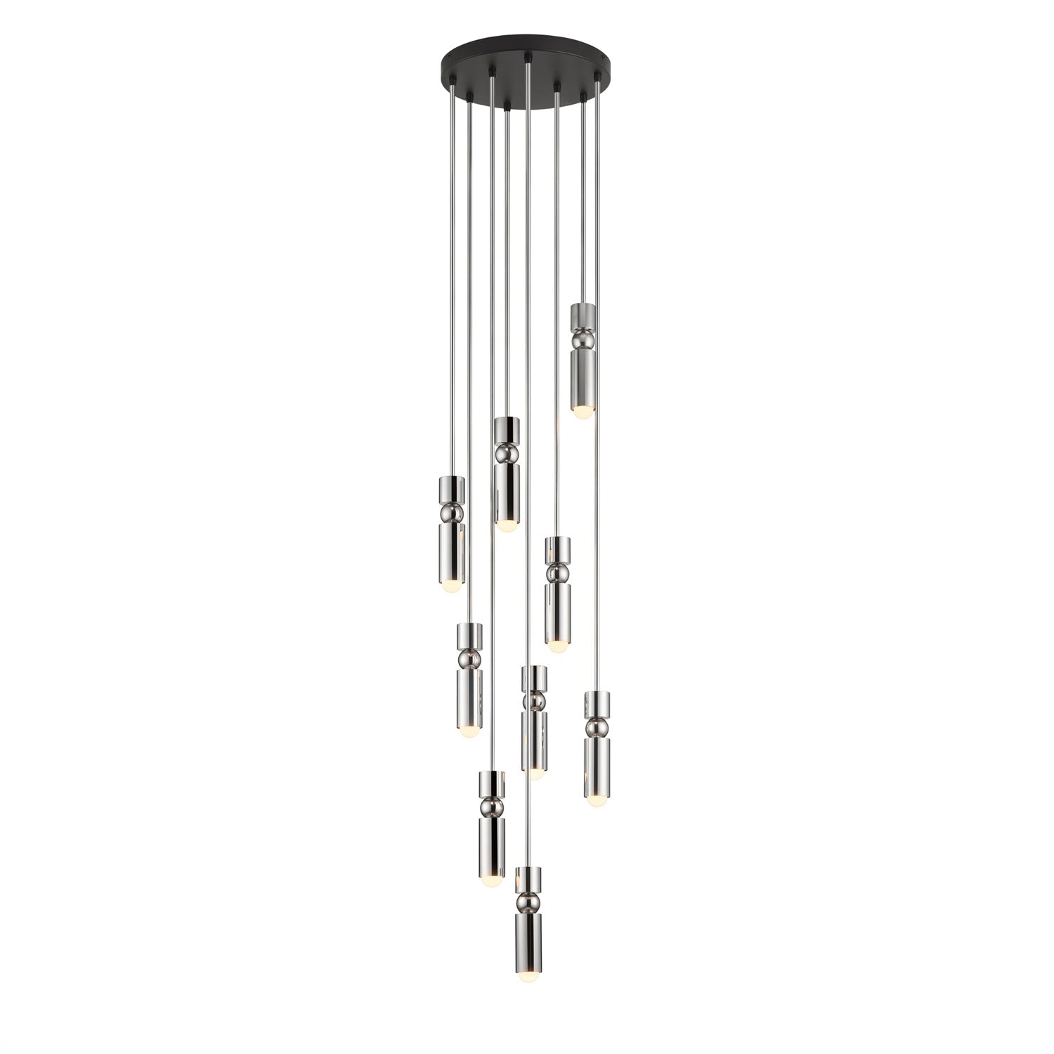Cylinder cluster pendant light with nine slimline heads glowing