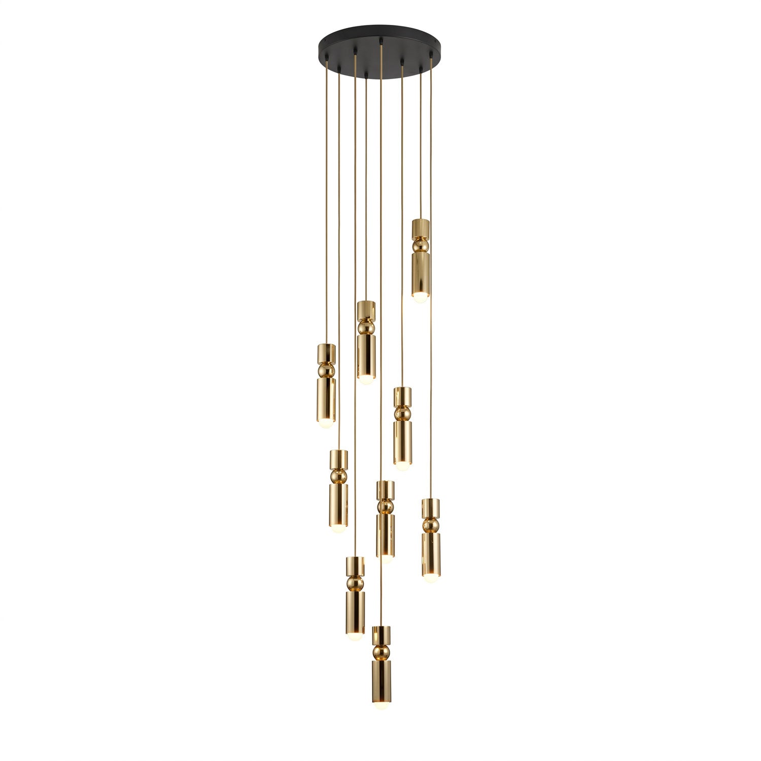 Nine head geometric pendant light over an open living area