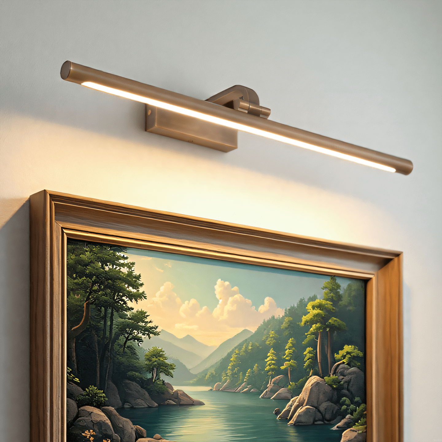 Gold picture light casting an even wash across a painting