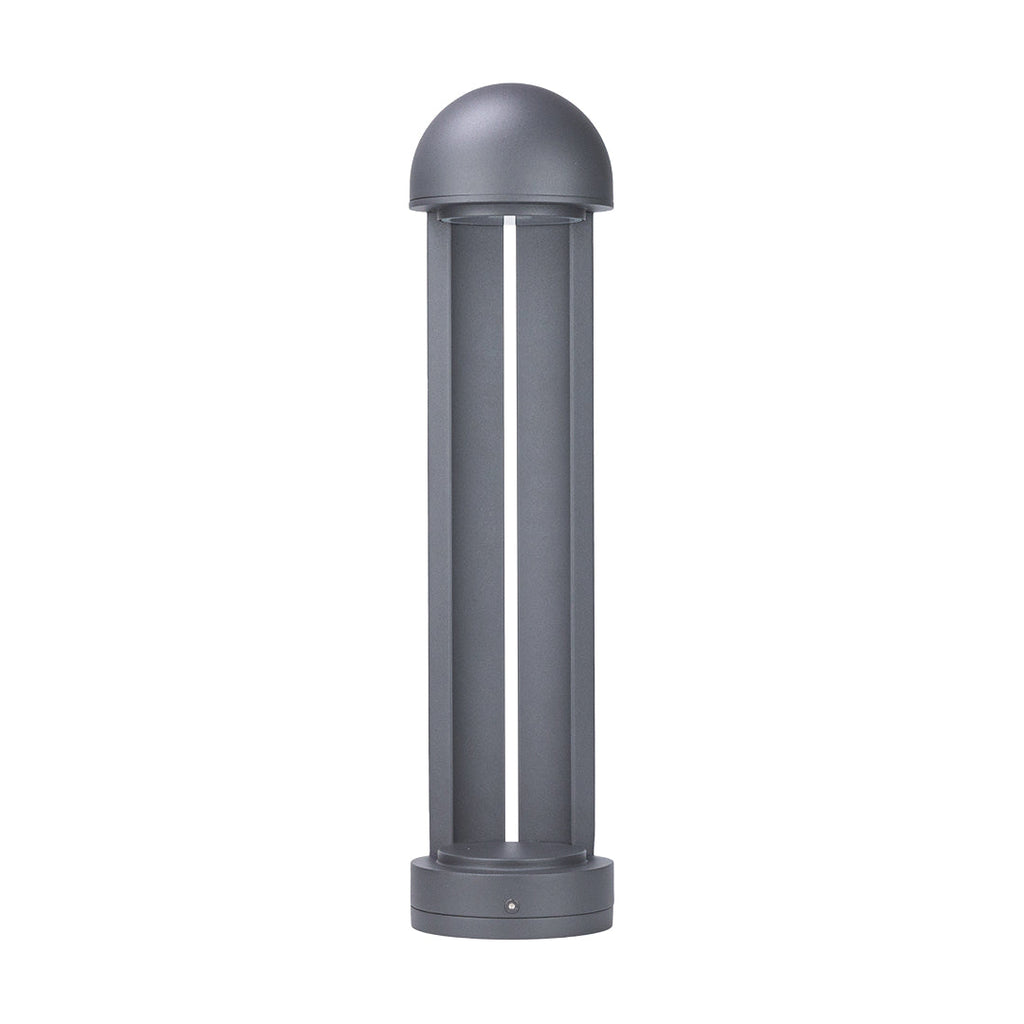 Grey aluminium bollard on white, a domed cap above a slotted body on a round base.
