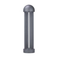 Grey aluminium bollard on white, a domed cap above a slotted body on a round base.