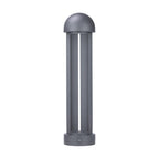 Grey aluminium bollard on white, a domed cap above a slotted body on a round base.