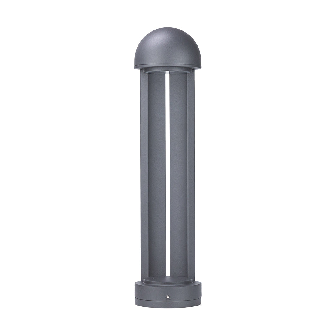 Grey aluminium bollard on white, a domed cap above a slotted body on a round base.