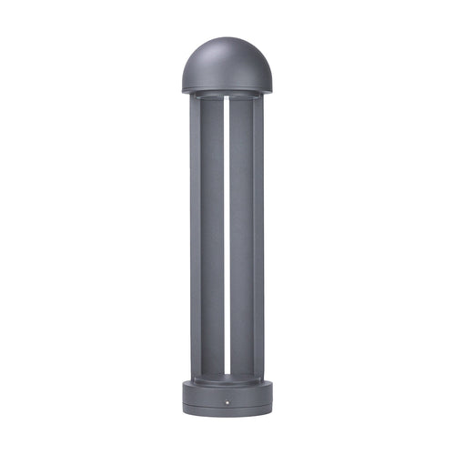 Grey aluminium bollard on white, a domed cap above a slotted body on a round base.
