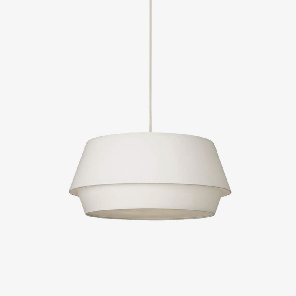 Studio view of this Clérachic pendant's white linen shade, showing its stepped two-tier profile.