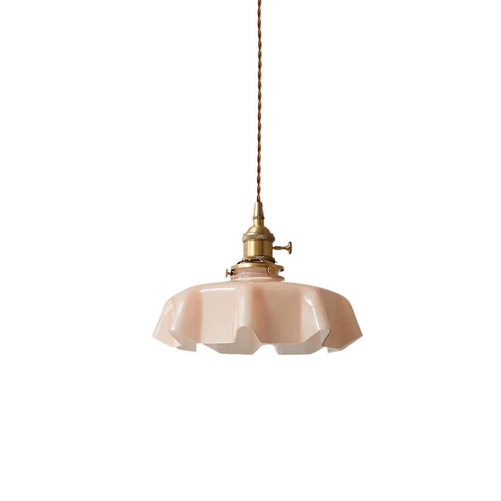 French Flower Pendant Light, Pleated Glass Shade, Brass, E27