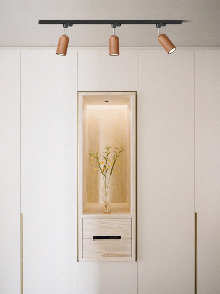 Wood track ceiling lamp detail showing the GU10 spotlight head