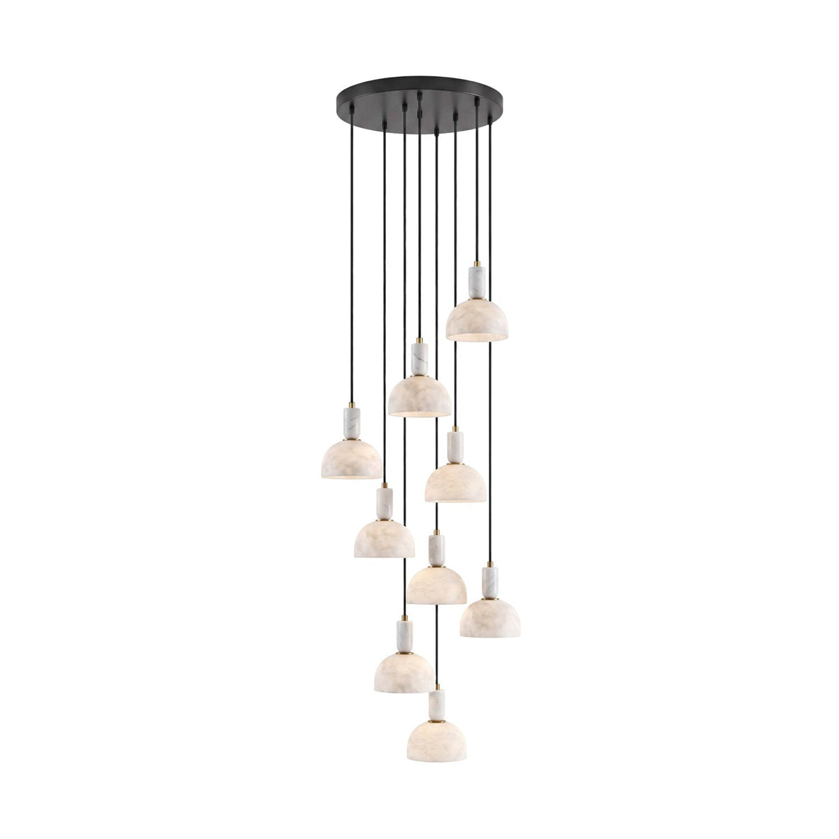 A dense cluster of alabaster domes cascades unlit from a round black ceiling plate, staggered lengths shown on this Clérachic pendant.