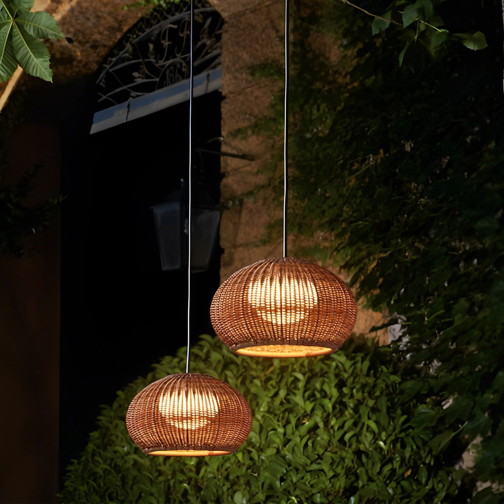 Woven Rattan Wall Lamp For Outdoor Spaces With Lantern-Style Shade