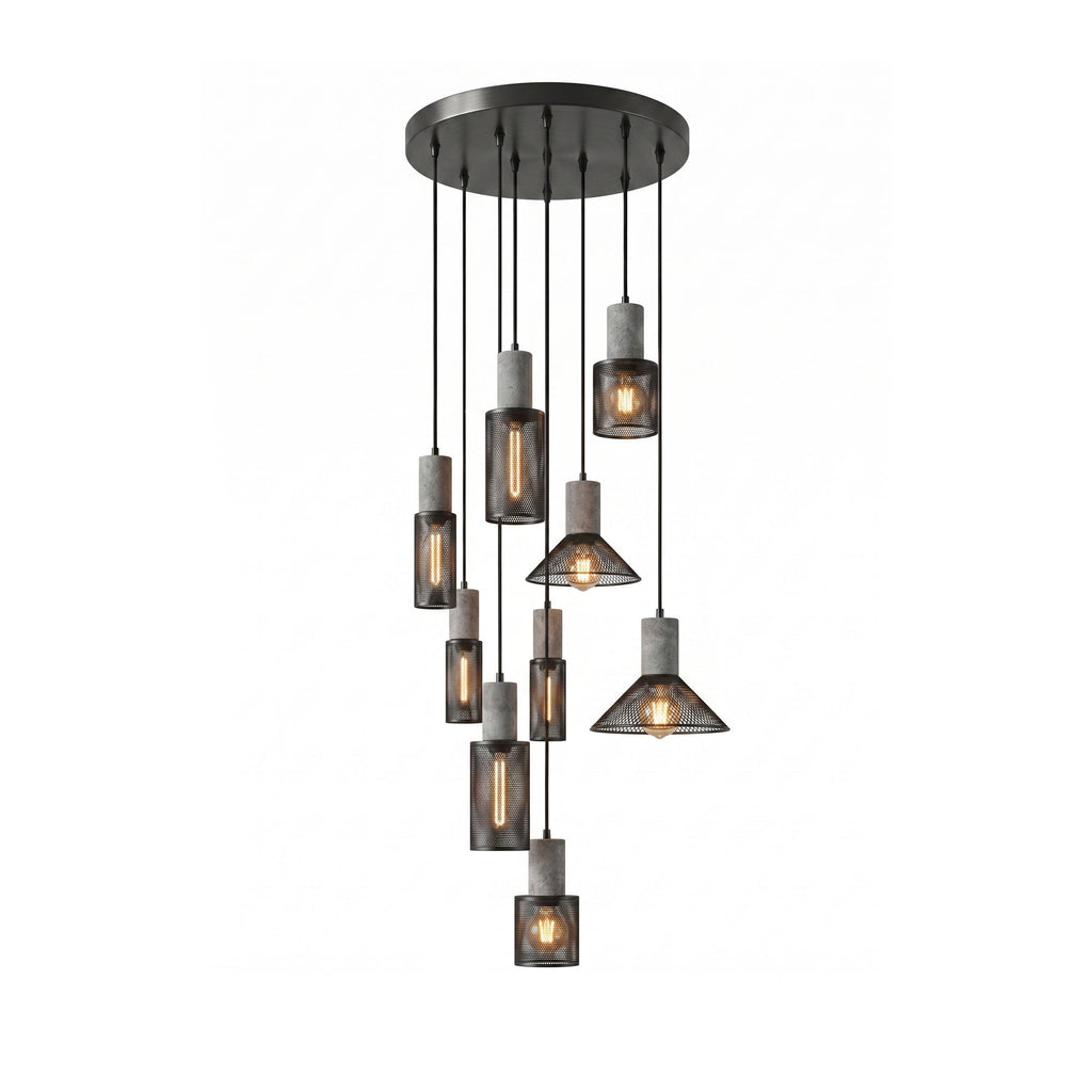 Nine cement mesh pendant lights hung together as a statement cluster