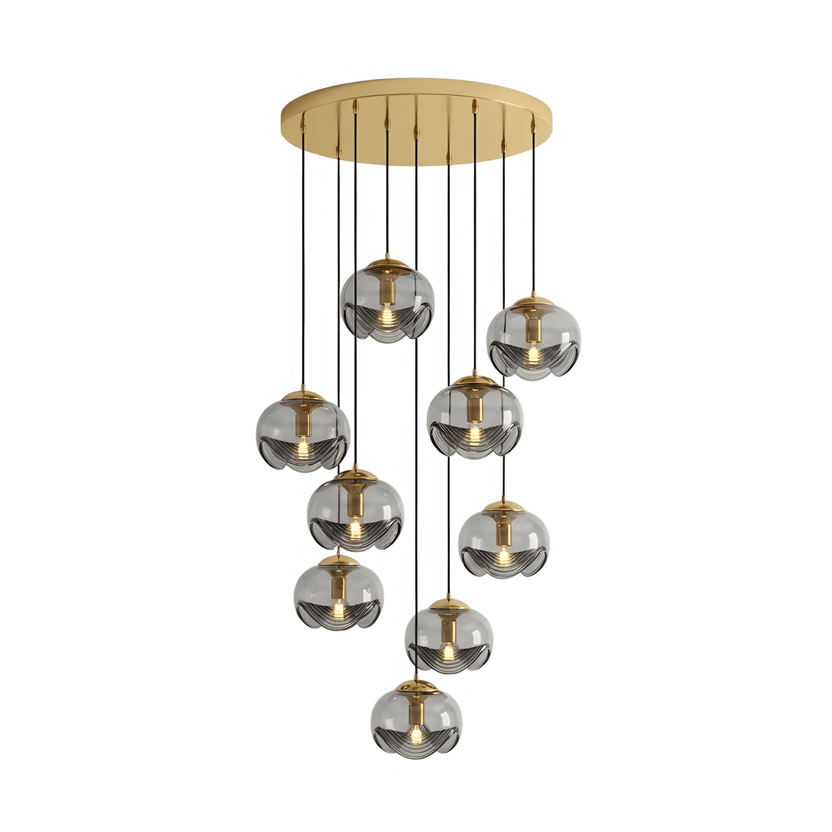 A dense cluster of smoky grey glass shades drops from a gold ceiling plate, this Clérachic fixture shown on a white background.