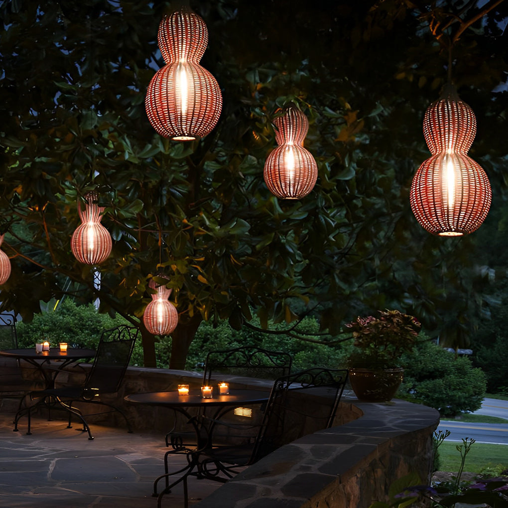 Woven Rattan Pendant Light With Gourd Silhouette, Outdoor Fixture