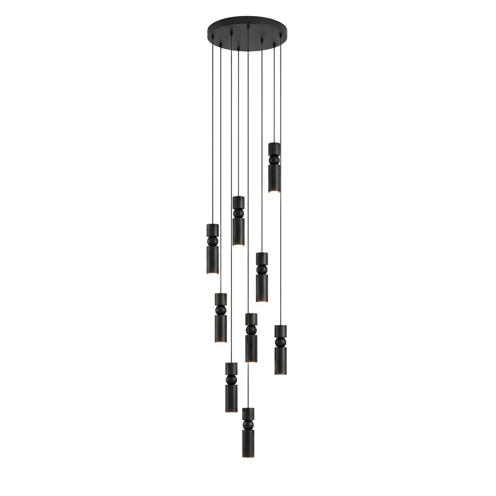 Nine head pendant light with cylinders in a geometric cluster