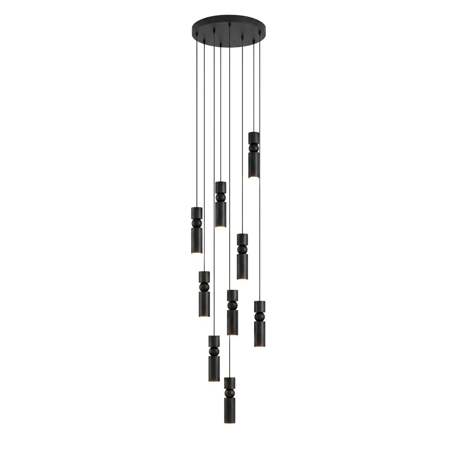 Nine head pendant light with cylinders in a geometric cluster