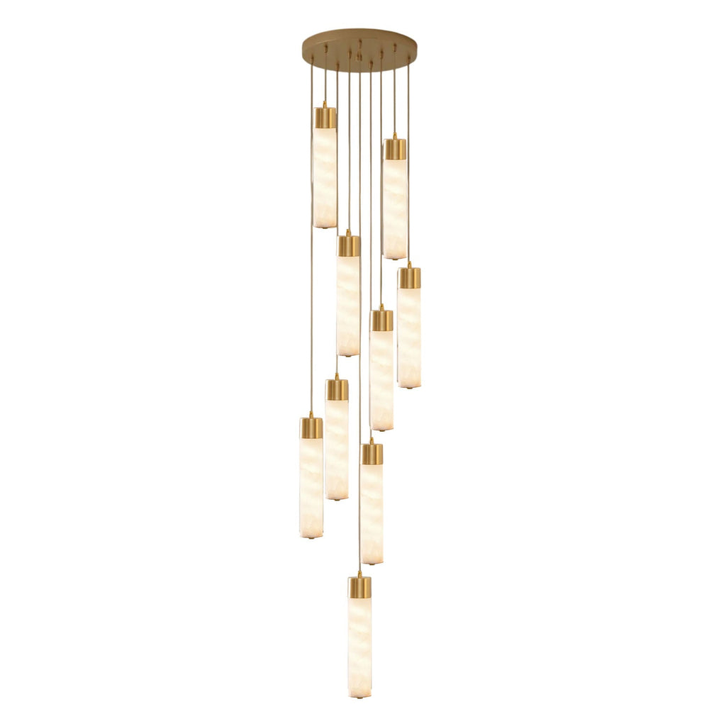 A denser cluster of brass-capped alabaster tubes hangs from this Clérachic pendant's round plate against white.
