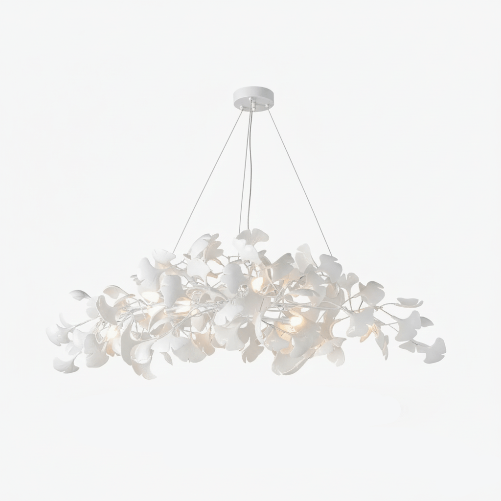 Cloud of porcelain ginkgo leaves lit warmly from within