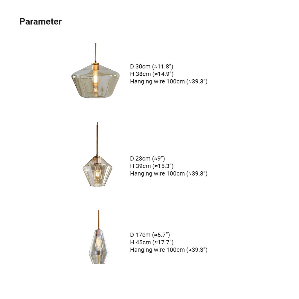 Clérachic faceted pendant sizes: D 30cm (≈11.8″) H 38cm (≈14.9″), D 23cm (≈9″) H 39cm (≈15.3″), D 17cm (≈6.7″) H 45cm (≈17.7″), wire 100cm (≈39.3″).