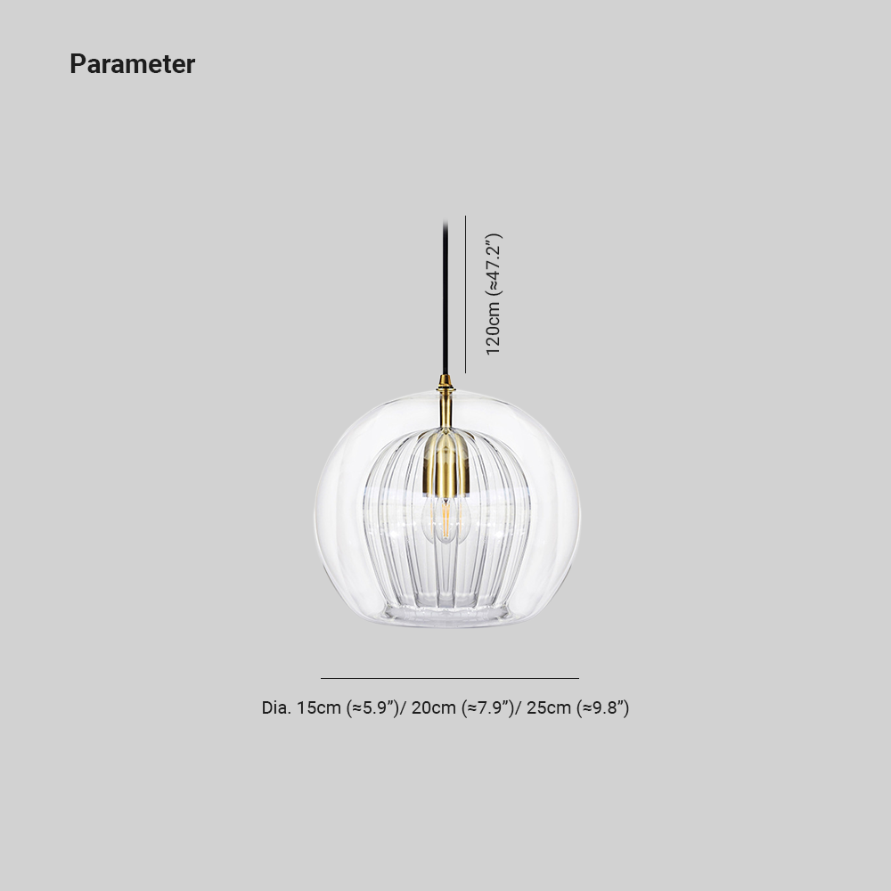 Dimension drawing for the Clérachic double-wall globe pendant: cord drop 120 cm (≈47.2″), diameters 15 cm (≈5.9″), 20 cm (≈7.9″), 25 cm (≈9.8″).