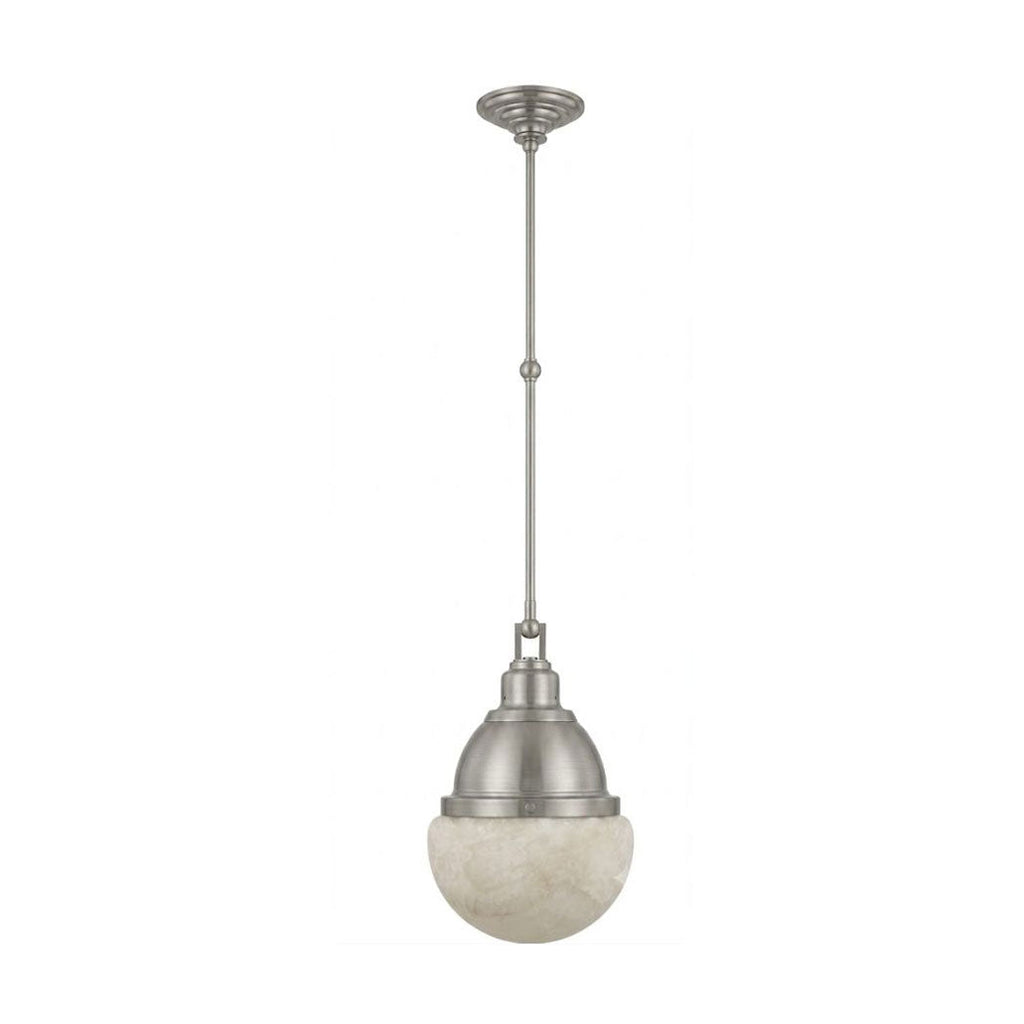 Studio image of this Clérachic pendant in brushed nickel, its domed cap set above a pale alabaster ball shade.