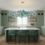 Ginkgo leaf chandelier glowing above a long dining table