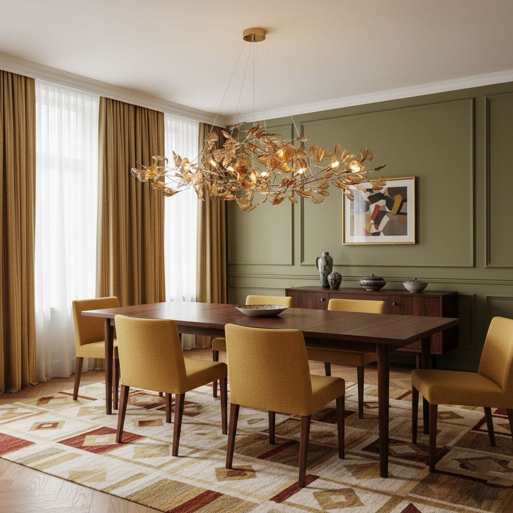 Ginkgo leaf chandelier with coffee-toned leaves and gold frame