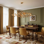 Ginkgo leaf chandelier with coffee-toned leaves and gold frame