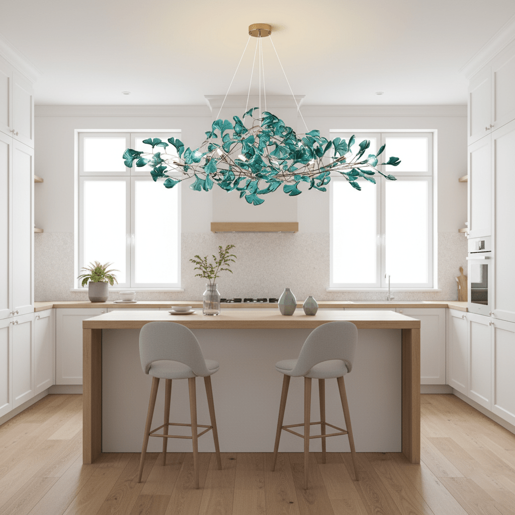 Ginkgo leaf chandelier rendering showing horizontal silhouette