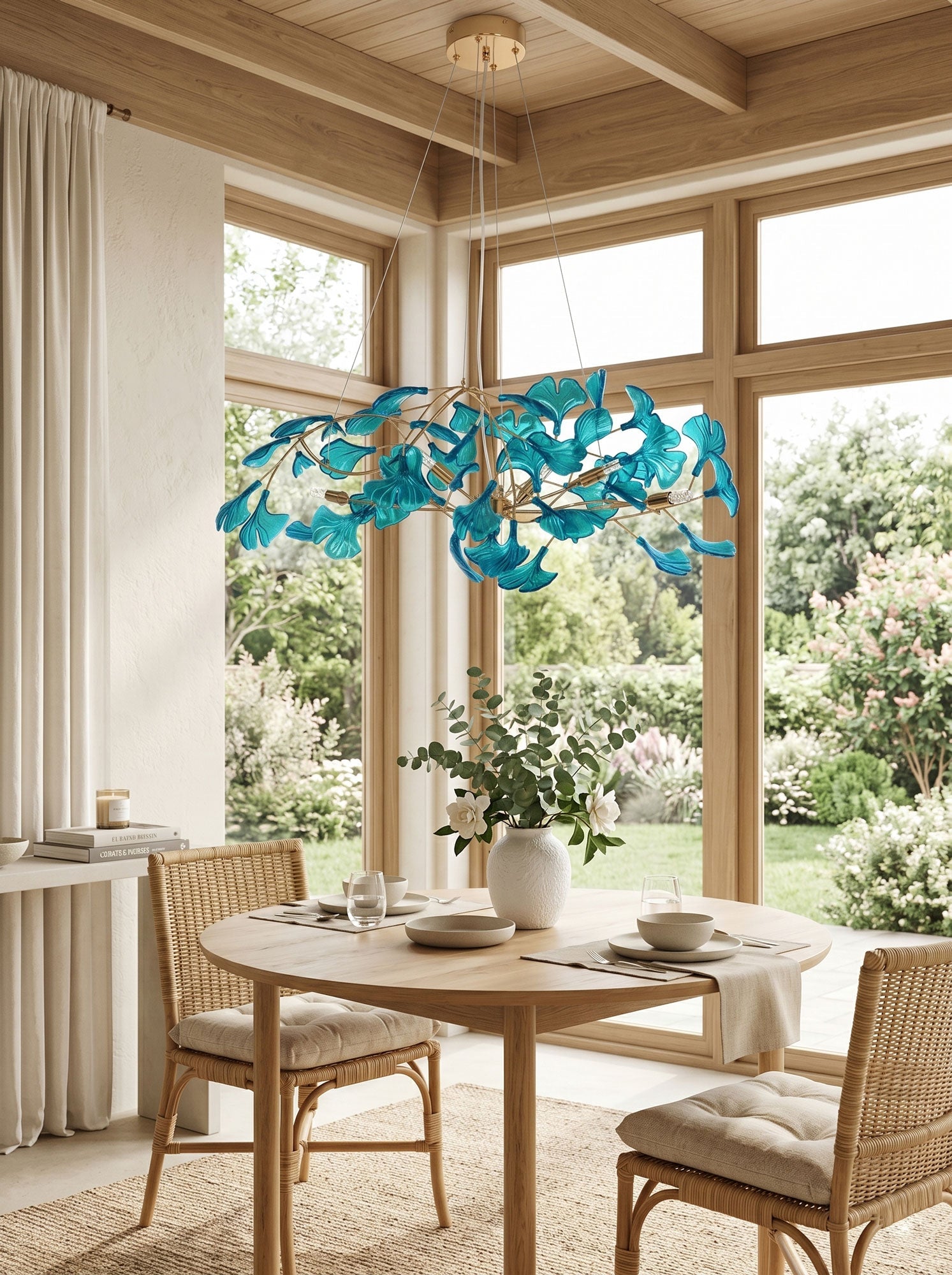 Ginkgo leaf chandelier detail of leaf colour and frame finish