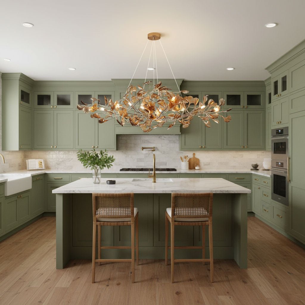 Ginkgo leaf chandelier in a wide living room setting