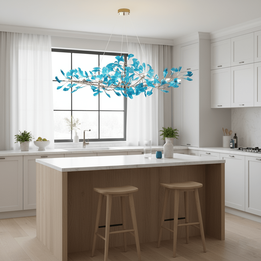 Ginkgo leaf chandelier shown with royal blue acrylic leaves