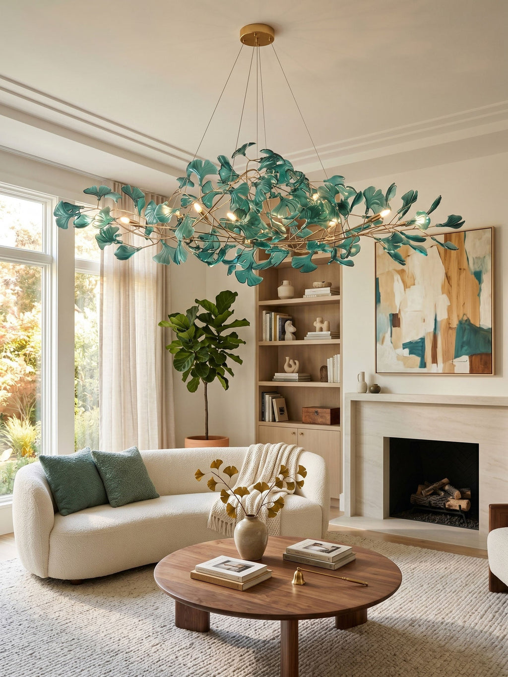 Ginkgo leaf chandelier over a dining table in warm light
