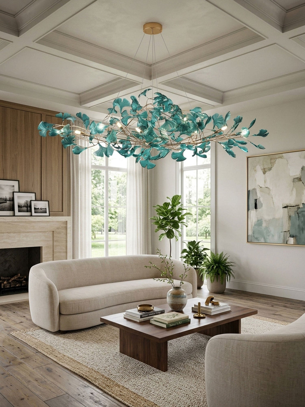 Ginkgo leaf chandelier detail of acrylic leaves and gold frame