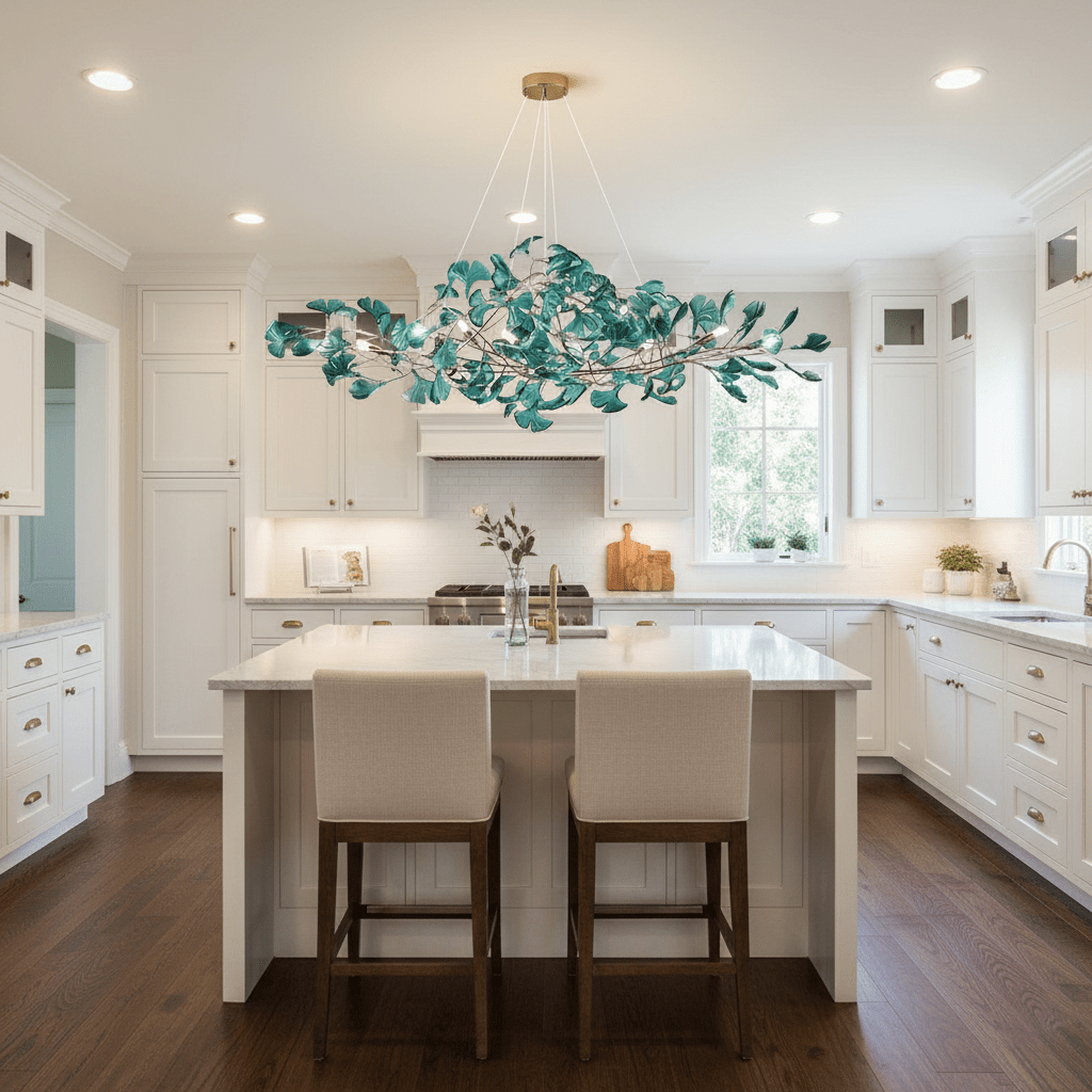 Ginkgo leaf chandelier close detail of slender metal branches