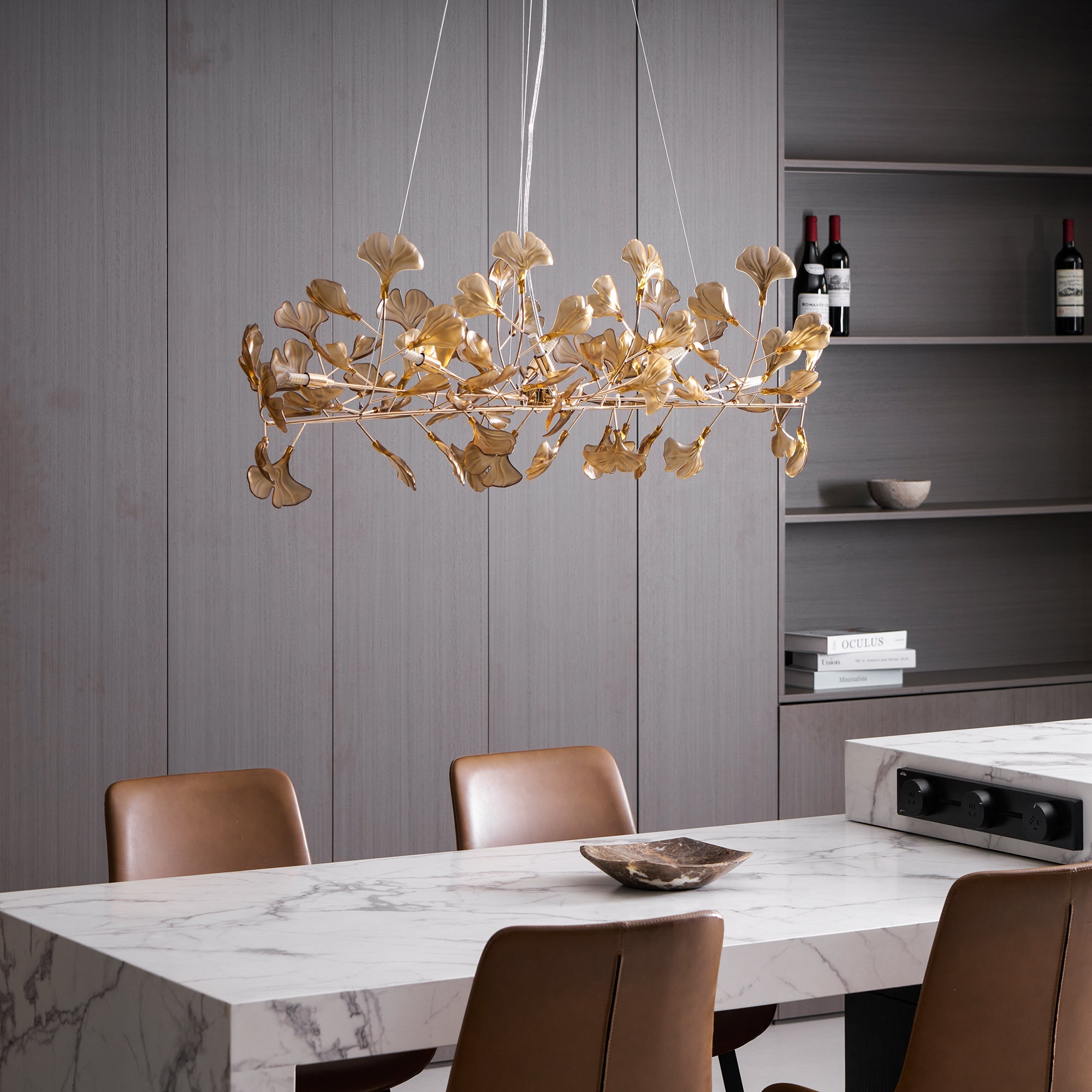 Lustre Feuille de Ginkgo, Feuilles en acrylique, Cadre or ou chrome, G9