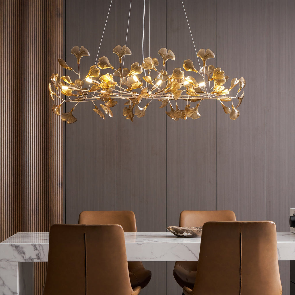 Lustre Feuille de Ginkgo, Feuilles en acrylique, Cadre or ou chrome, G9