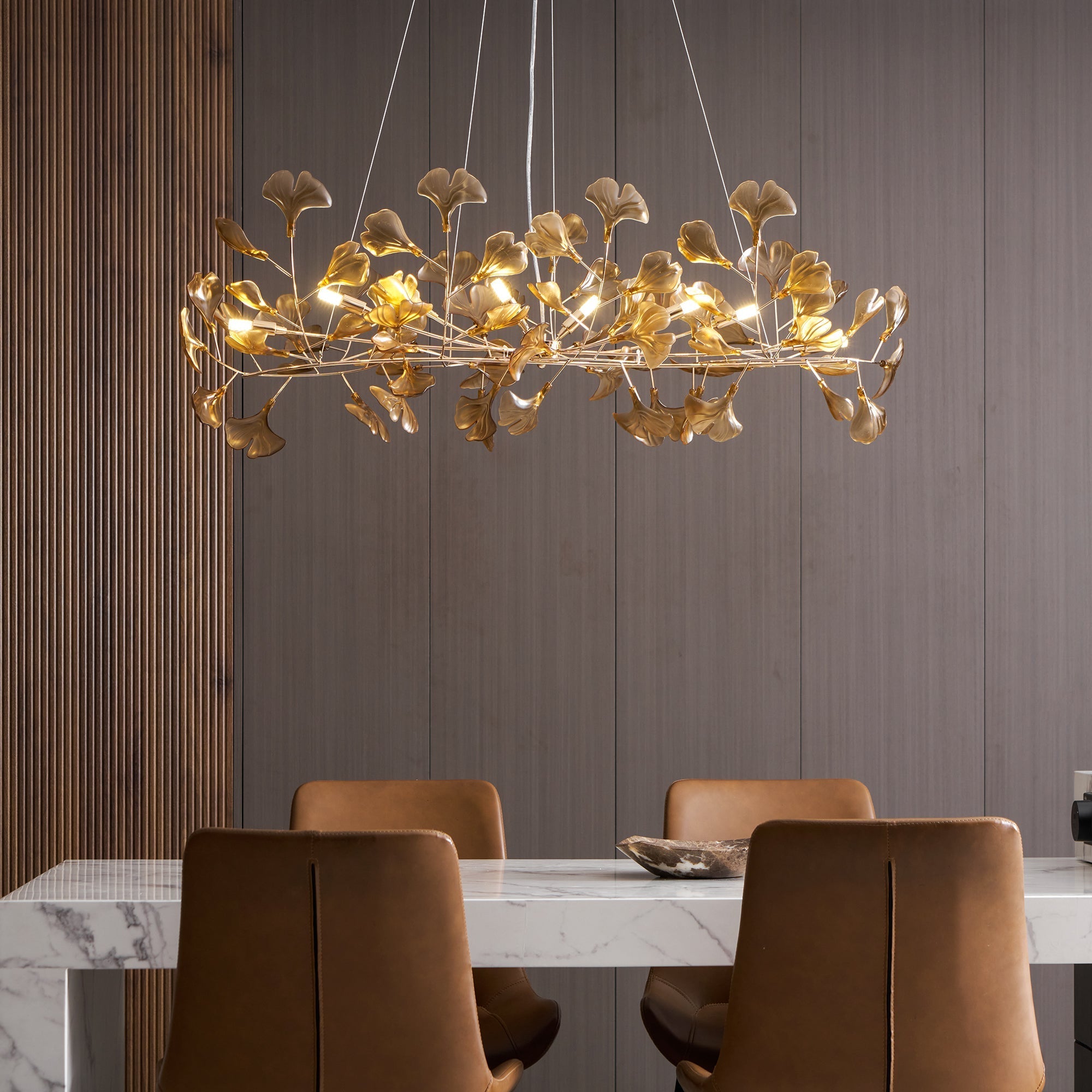 Lustre Feuille de Ginkgo, Feuilles en acrylique, Cadre or ou chrome, G9