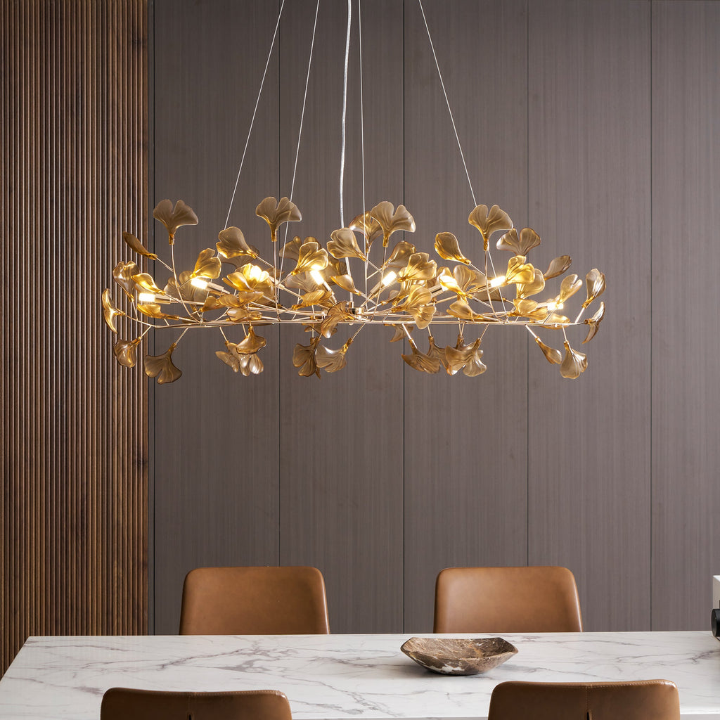 Lustre Feuille de Ginkgo, Feuilles en acrylique, Cadre or ou chrome, G9