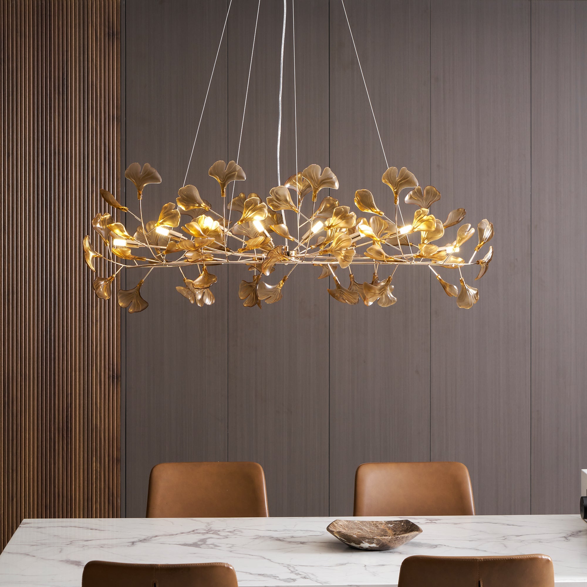 Lustre Feuille de Ginkgo, Feuilles en acrylique, Cadre or ou chrome, G9