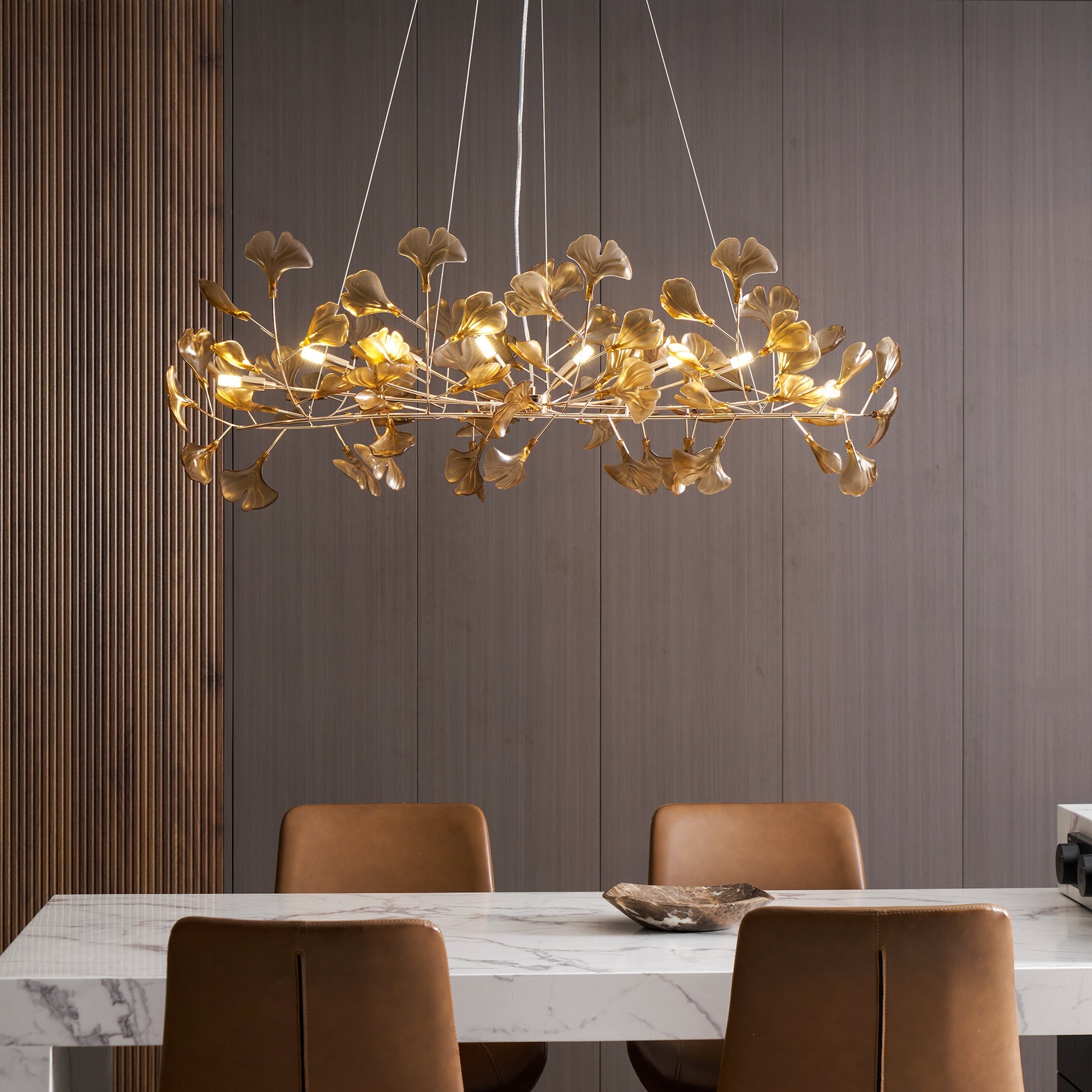 Lustre Feuille de Ginkgo, Feuilles en acrylique, Cadre or ou chrome, G9
