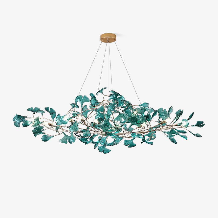 Ginkgo leaf chandelier suspended over a long rectangular table