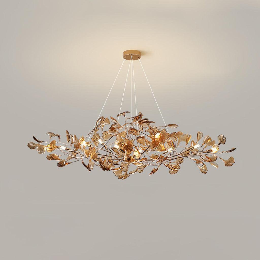 Ginkgo leaf chandelier with chrome frame and layered leaves