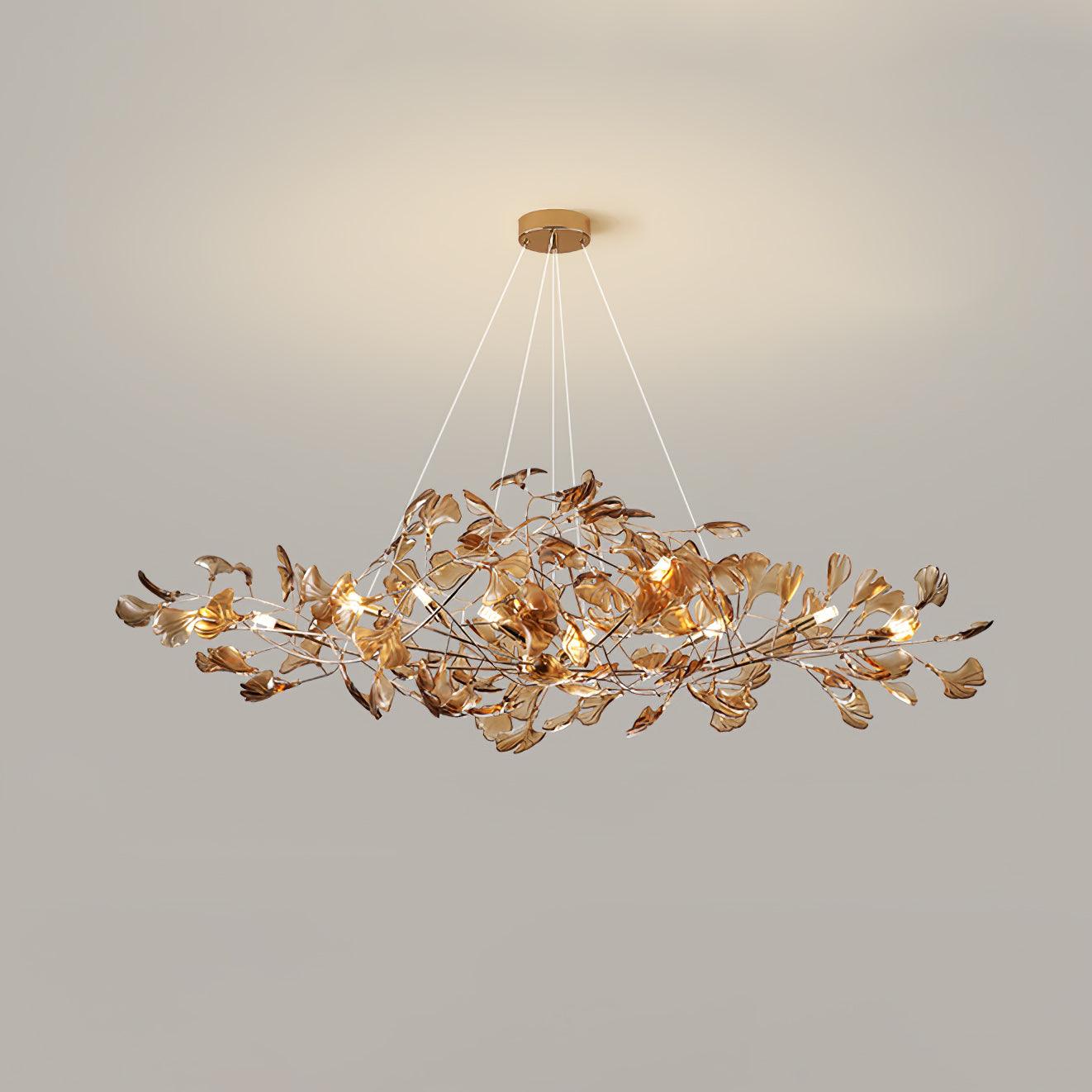 Ginkgo leaf chandelier with chrome frame and layered leaves