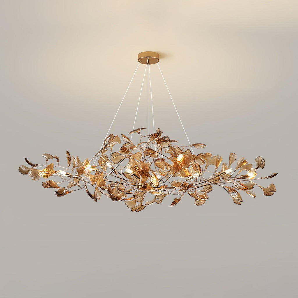 Ginkgo leaf chandelier with dark green leaves and gold frame