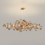 Ginkgo leaf chandelier with dark green leaves and gold frame